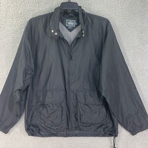 Vtg Woolrich Mens Jacket Windbreaker Sz L Black Hooded Zip Pockets Packable